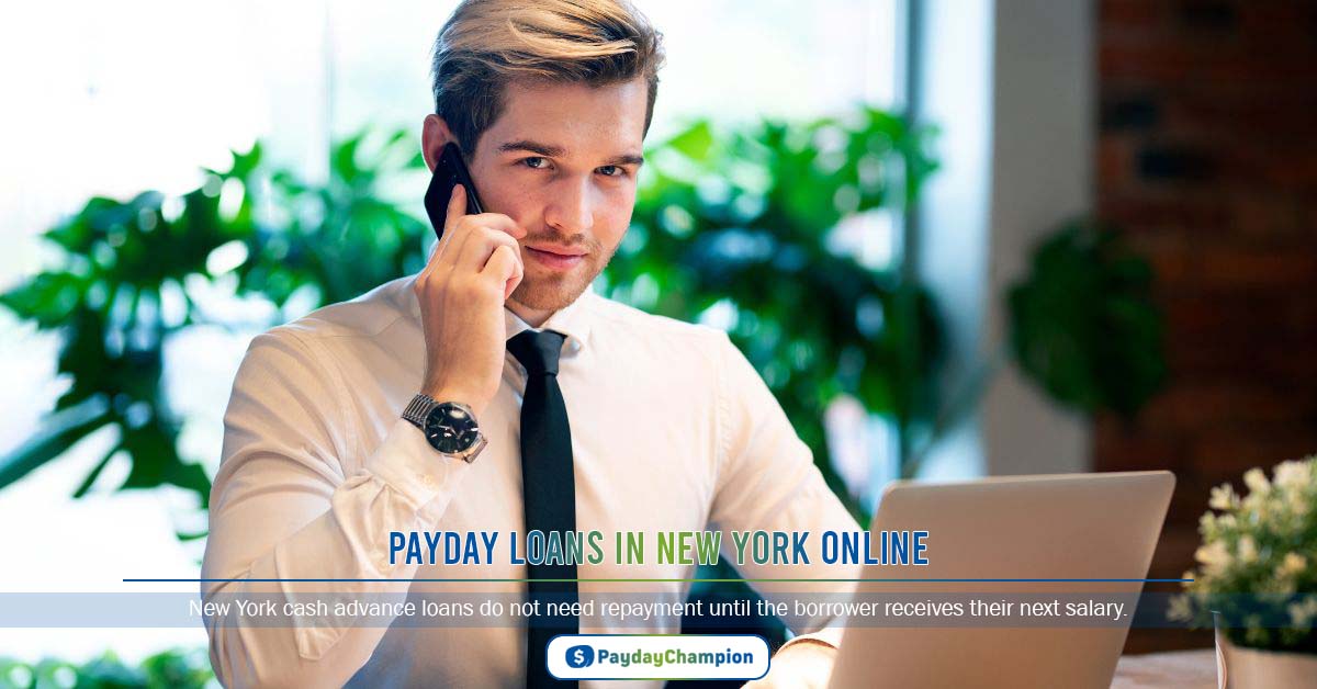 A man talking on a cell phone while using a laptop to search for payday loans in New York Online