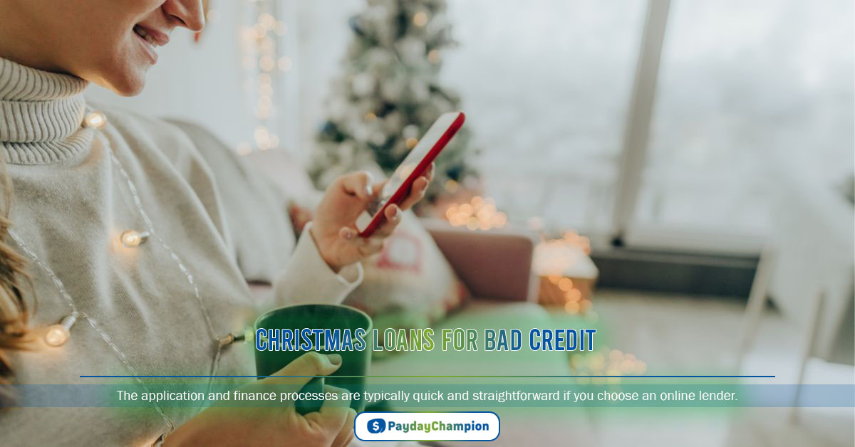 A woman holding a cup and a cell phone to check Christmas loans for bad credit with no credit check