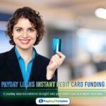 A woman in a business suit holding up a card from payday loans instant debit card funding