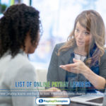 A woman talking to another woman about a list of online payday lenders