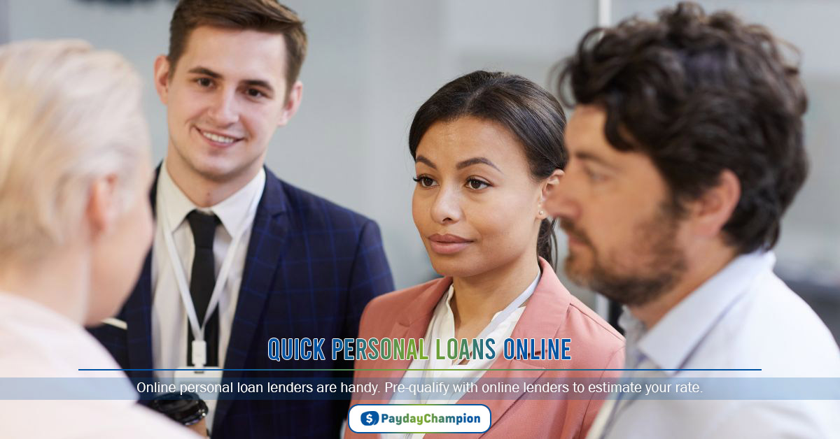 A group of people standing next to each other talking about quick personal loans online