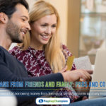 A man and woman sitting on a couch looking at a laptop reading about loans from friends and family pros and cons