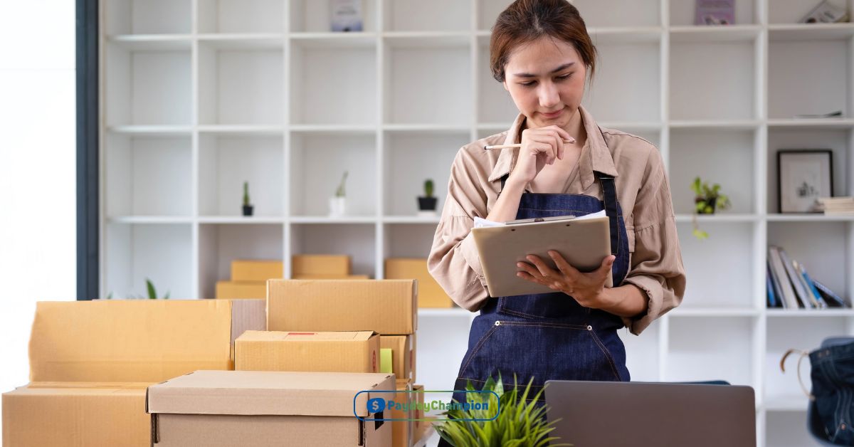 A woman standing in front of boxes while looking for cash advance, merchant, and installment advances with the lowest rates using her tablet