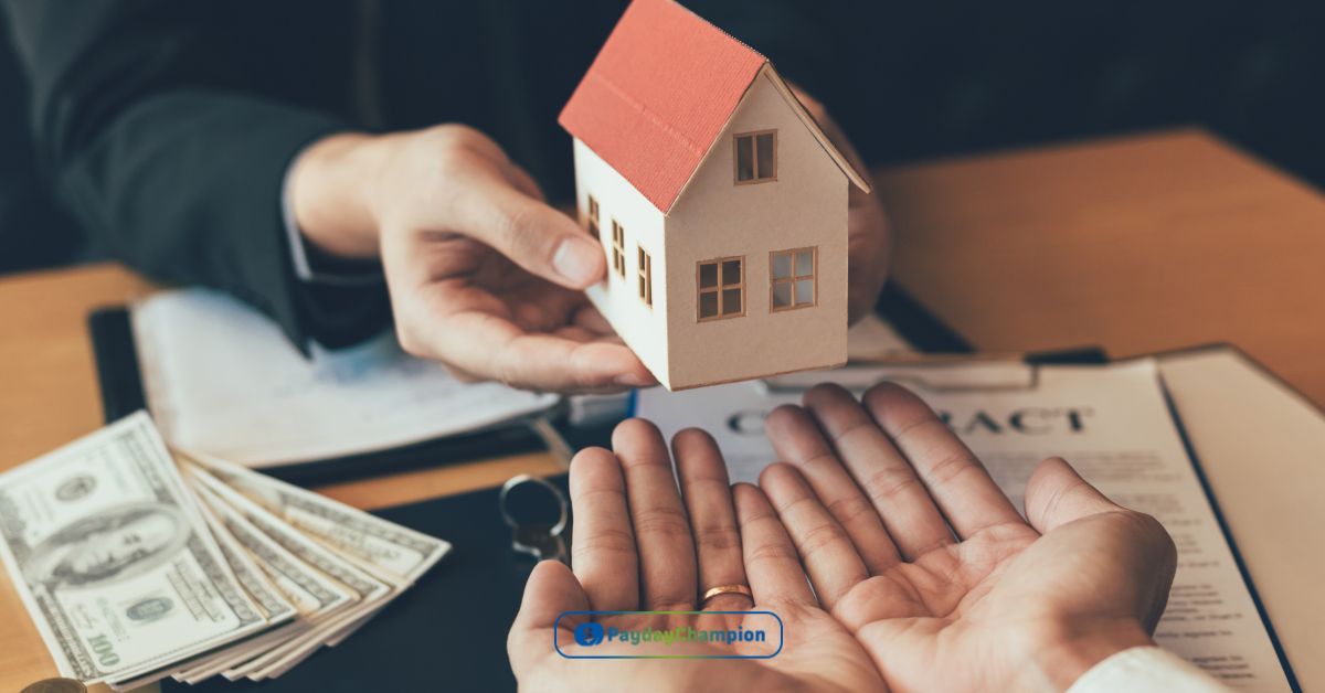 A person holding a house model over a pile of money obtained from a lease buyout loan